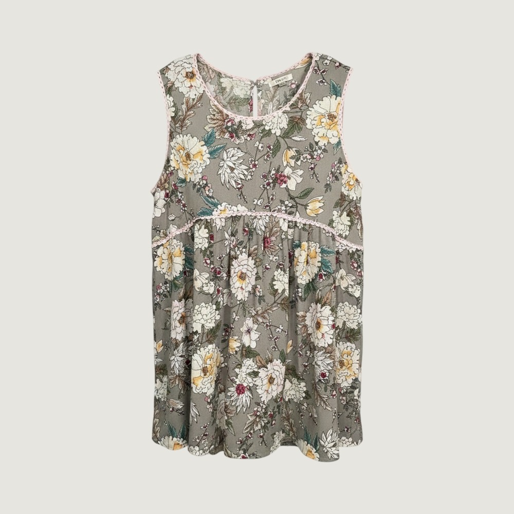 Jodifl Womens Floral Sleeveless‎ Blouse Sage Green Pink Crochet Trim Boho Top S